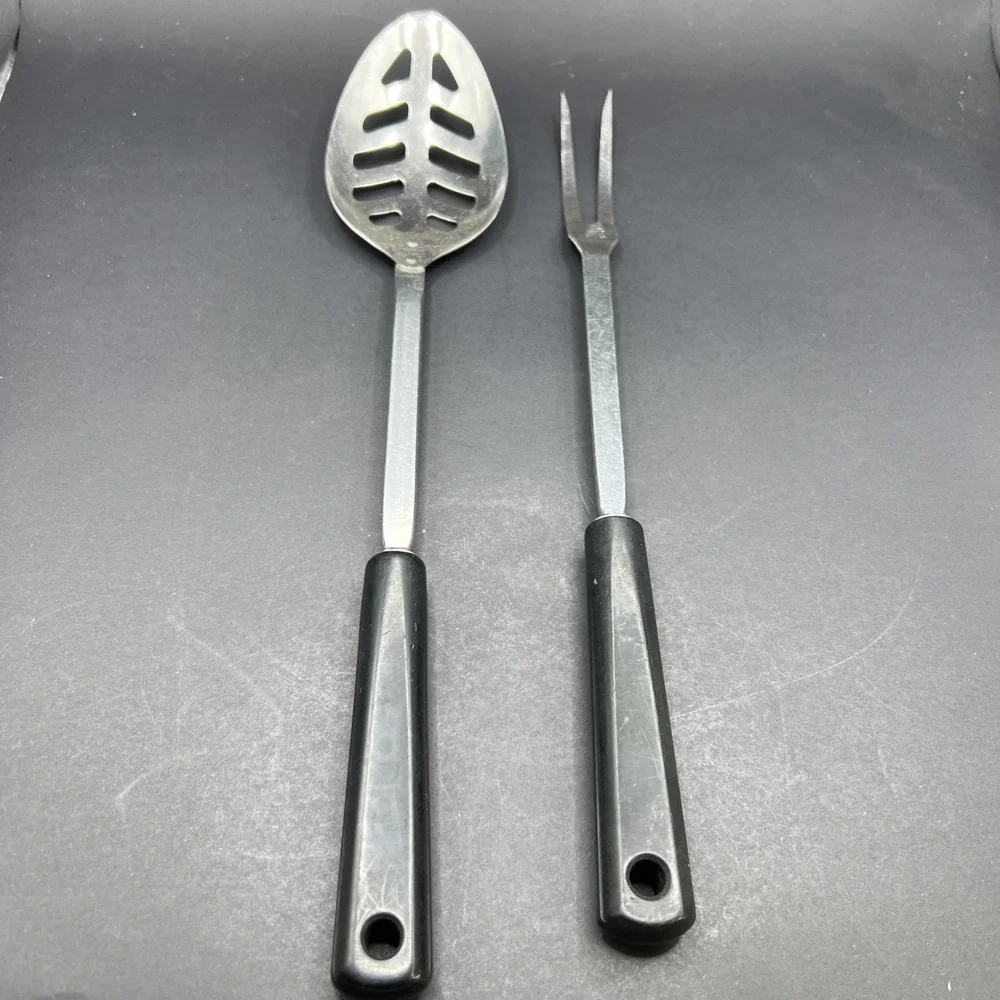 Vintage 2pc Androck Stainless Slotted Spoon & Fork USA Black Handle